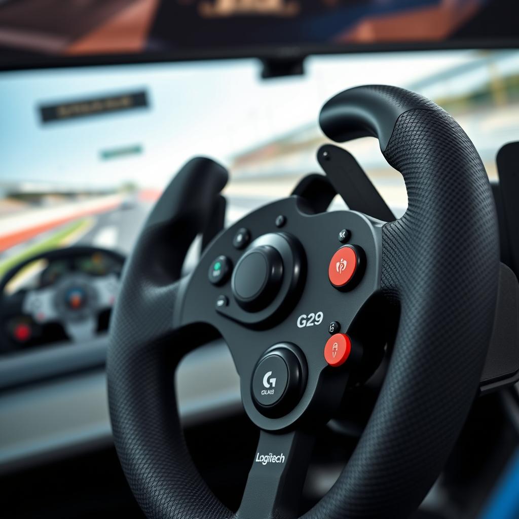 A detailed close-up of a Logitech G29 racing wheel, showcasing its sleek design and realistic features