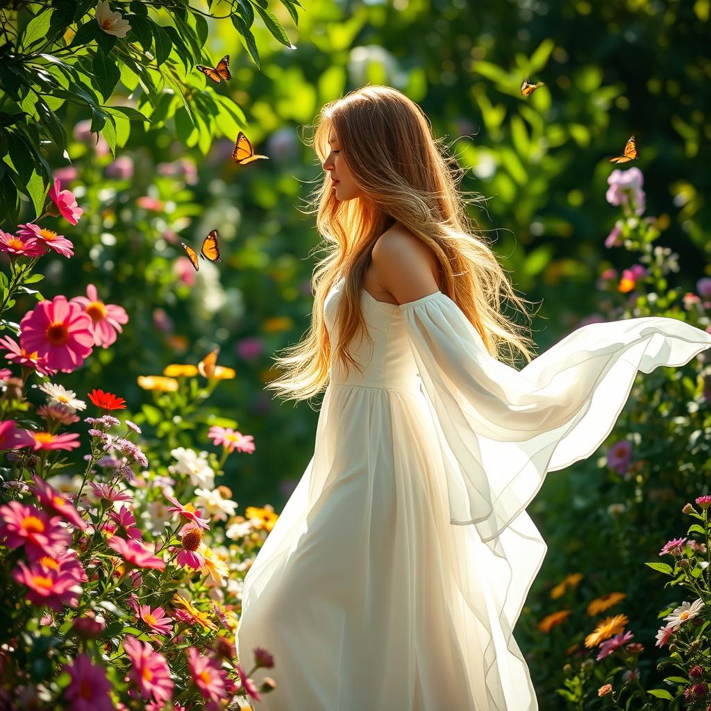 A serene scene featuring a stunning woman standing gracefully in a lush garden filled with vibrant flowers