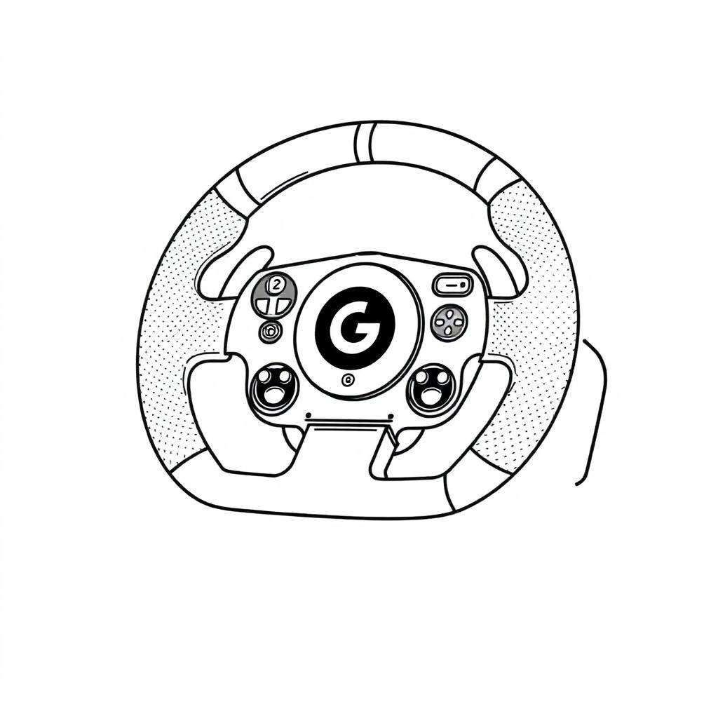 A minimalist line drawing of a Logitech G29 racing wheel, showcasing its key features in a simplified form