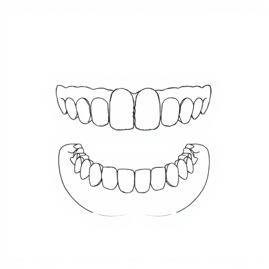 A simple line drawing of a complete denture set, featuring both the upper and lower dentures