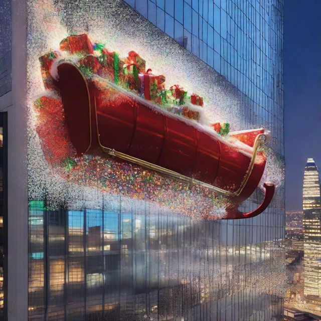 Santa's sleigh careening through the gigantic window of a towering skyscraper, resulting in an enormous explosion of shards of glass, gifts, and twinkling Christmas lights.