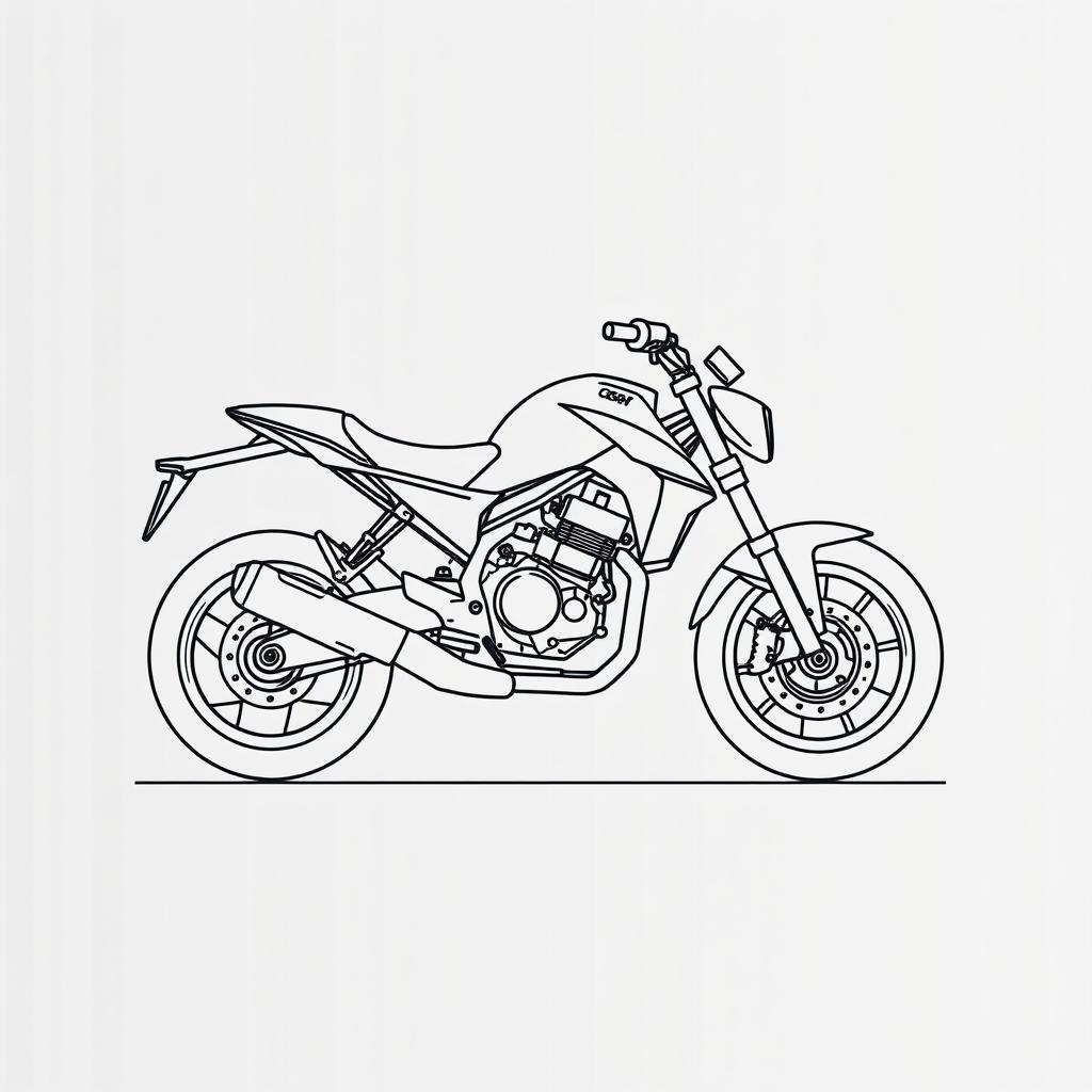 A simple line drawing of a motorcycle, emphasizing its key features in a minimalist style