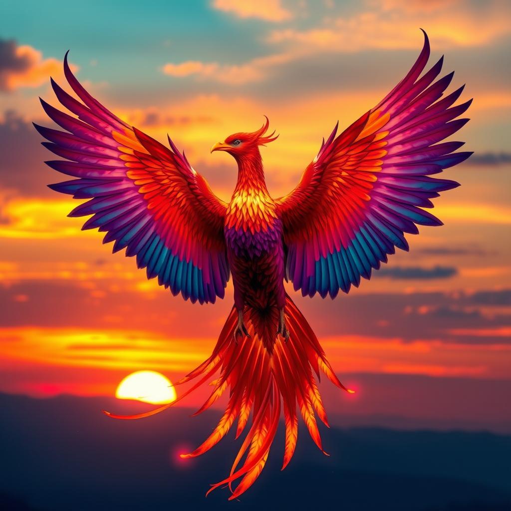 A majestic phoenix fire bird gracefully soaring through the sky, its magnificent wings spread wide, displaying vibrant feathers in deep purple, deep turquoise, deep fire red, and deep fire orange