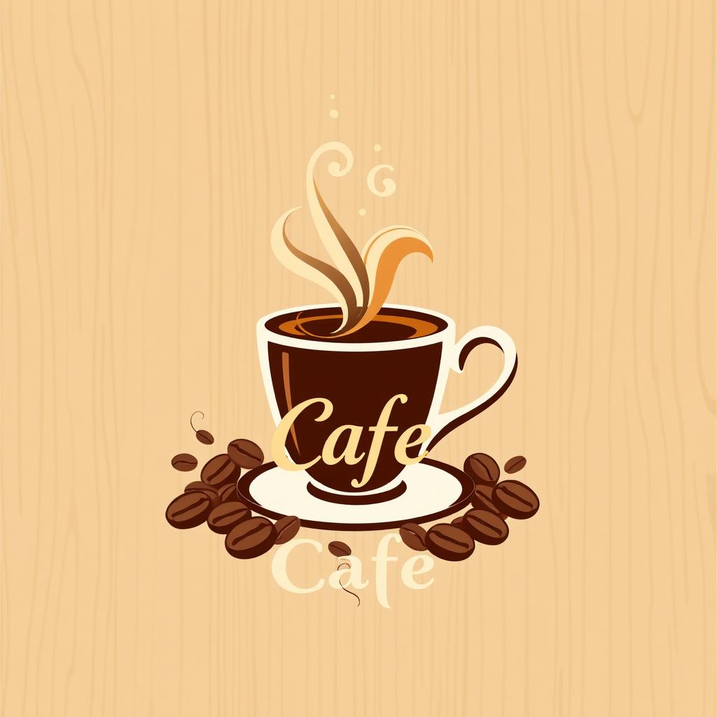 A creative logo for a cafe, featuring a steaming coffee cup at the center with elegant swirls of steam rising up, surrounded by coffee beans scattered around
