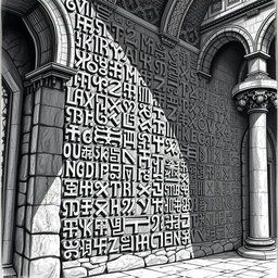 An intricate black and white drawing of numerous dwarven runes adorning the wall of a grand stone palace