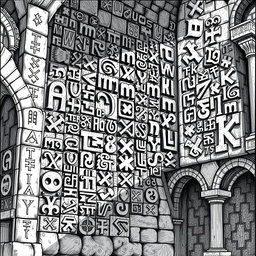 An intricate black and white drawing of numerous dwarven runes adorning the wall of a grand stone palace