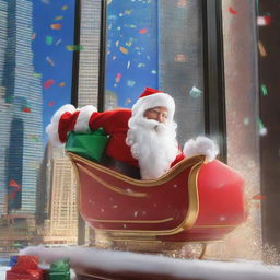 Santa's sleigh careening through the gigantic window of a towering skyscraper, resulting in an enormous explosion of shards of glass, gifts, and twinkling Christmas lights.