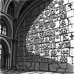 An intricate black and white drawing of numerous dwarven runes adorning the wall of a grand stone palace