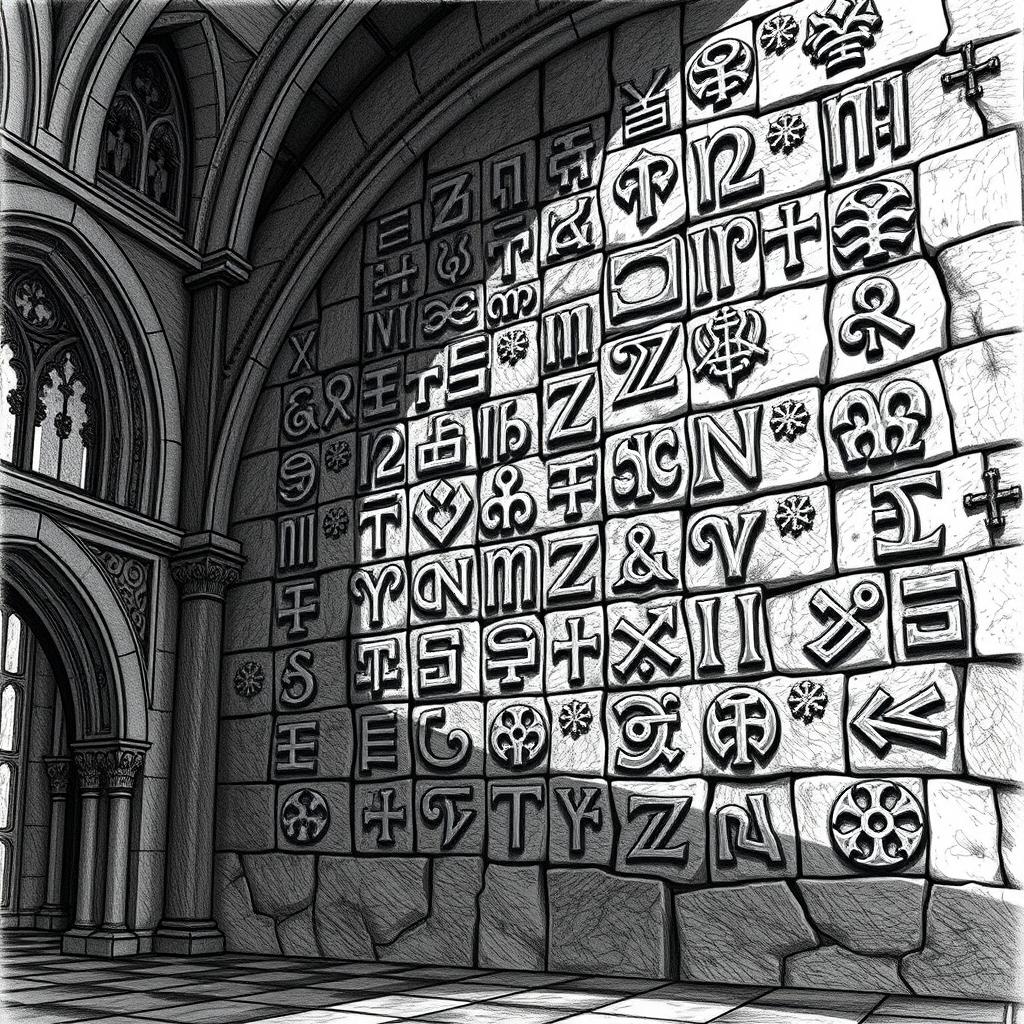An intricate black and white drawing of numerous dwarven runes adorning the wall of a grand stone palace