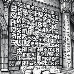 An intricate black and white drawing of numerous dwarven runes adorning the wall of a grand stone palace