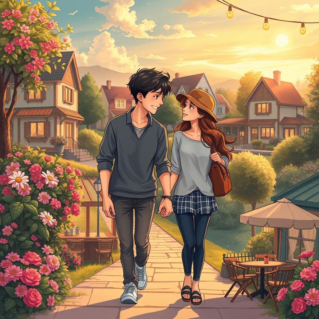 A romantic love story unfolding in a picturesque small town, with two main characters, a young couple deeply in love, sharing heartfelt moments