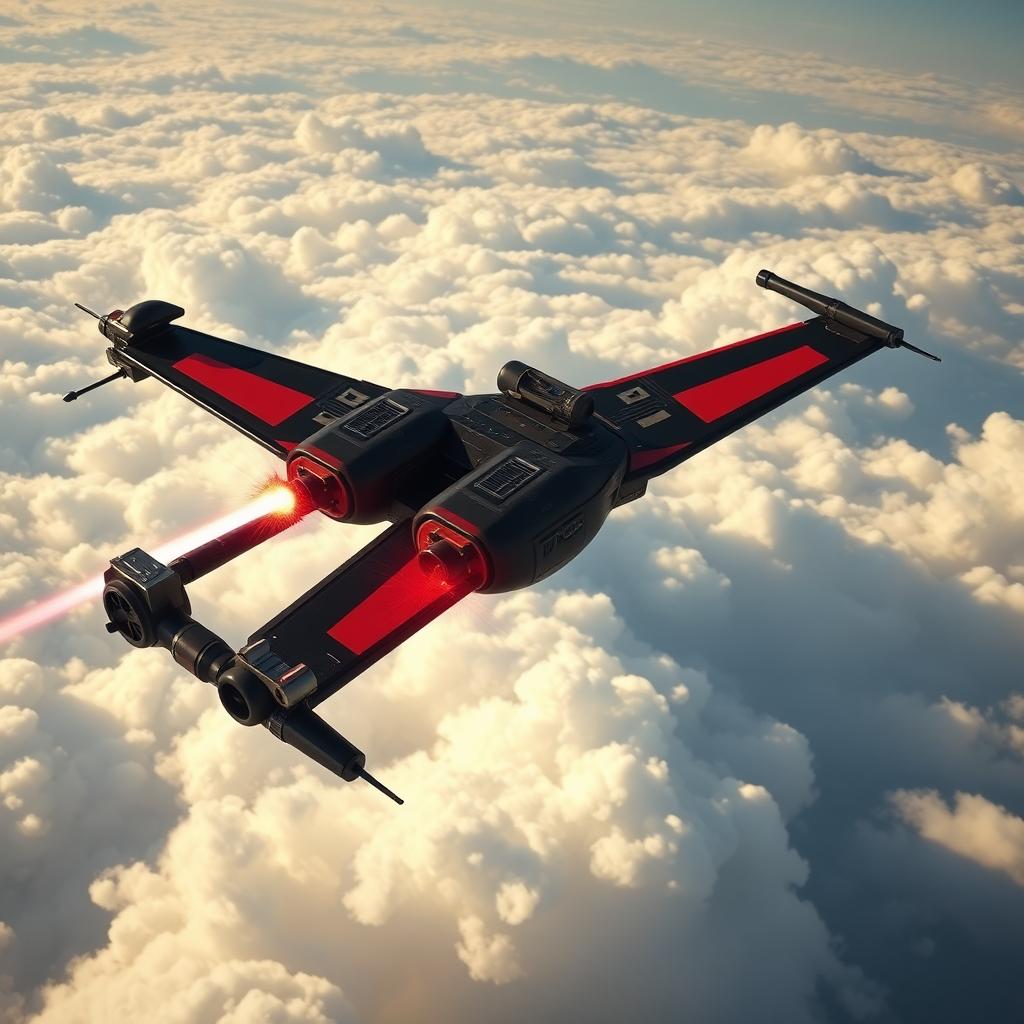 A side view of a real X-Wing fighter, modified to include a tail gun turret and nose gun turret, showcasing a sleek and striking black and red color scheme