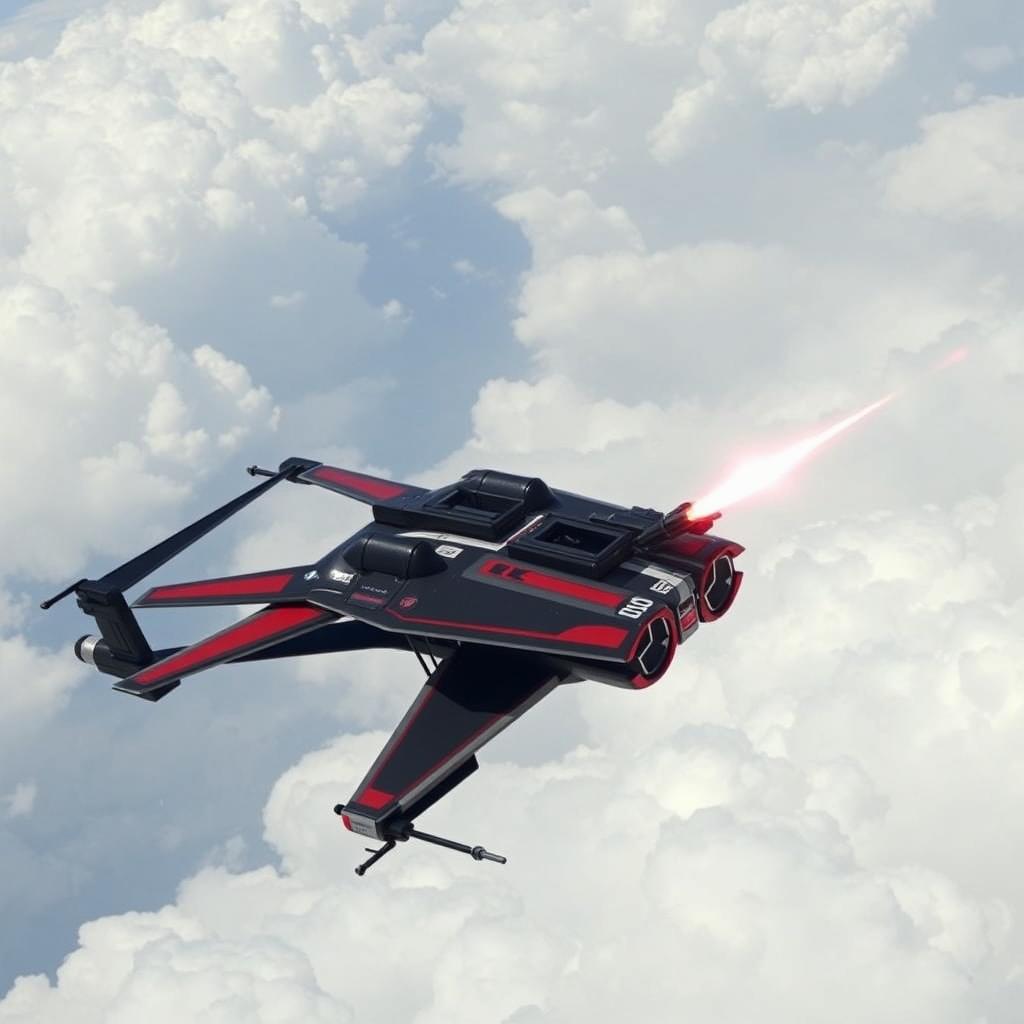 A side view of a real X-Wing fighter, modified with a tail gun turret and a nose gun turret, featuring a striking black and red color scheme