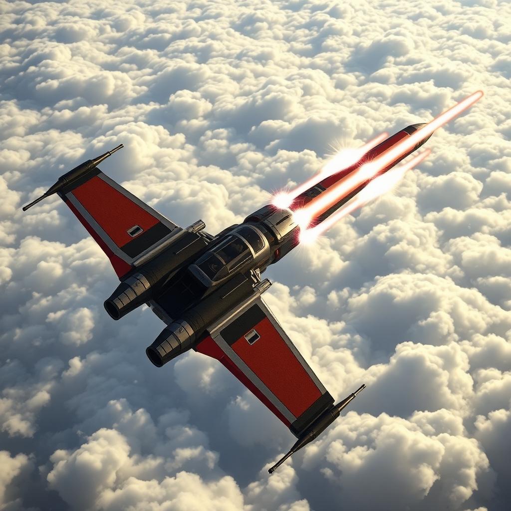 A side view of a real X-Wing fighter, modified to include a tail gun turret and a nose gun turret, featuring a dramatic black and red color scheme