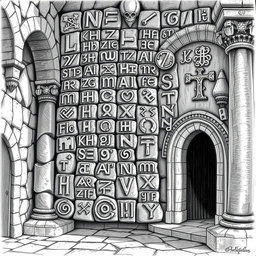 A detailed black and white drawing featuring an array of Tolkienian dwarven runes intricately carved into the stone walls of a grand palace