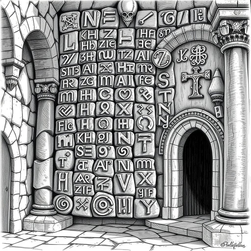 A detailed black and white drawing featuring an array of Tolkienian dwarven runes intricately carved into the stone walls of a grand palace