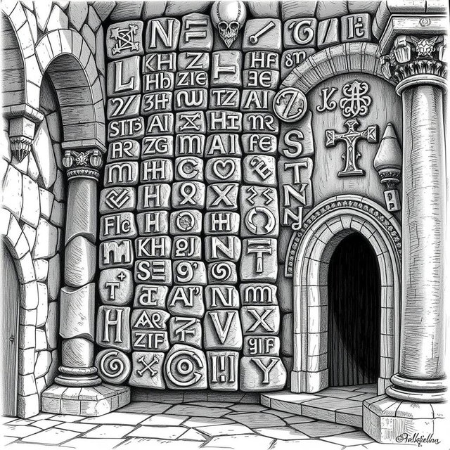 A detailed black and white drawing featuring an array of Tolkienian dwarven runes intricately carved into the stone walls of a grand palace