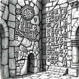 A detailed black and white drawing featuring an array of Tolkienian dwarven runes intricately carved into the stone walls of a grand palace