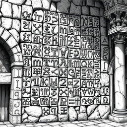A detailed black and white drawing featuring an array of Tolkienian dwarven runes intricately carved into the stone walls of a grand palace