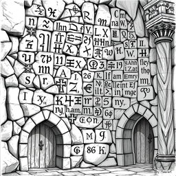 A detailed black and white drawing featuring an array of Tolkienian dwarven runes intricately carved into the stone walls of a grand palace