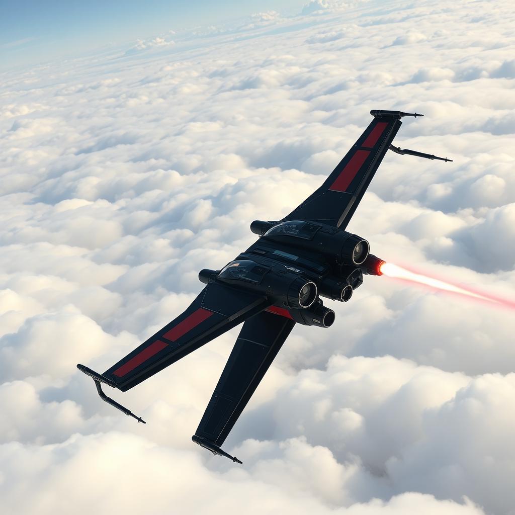 A side view of a real X-Wing fighter, ingeniously modified to include a tail gun turret and a nose gun turret, featuring a bold black and red color scheme