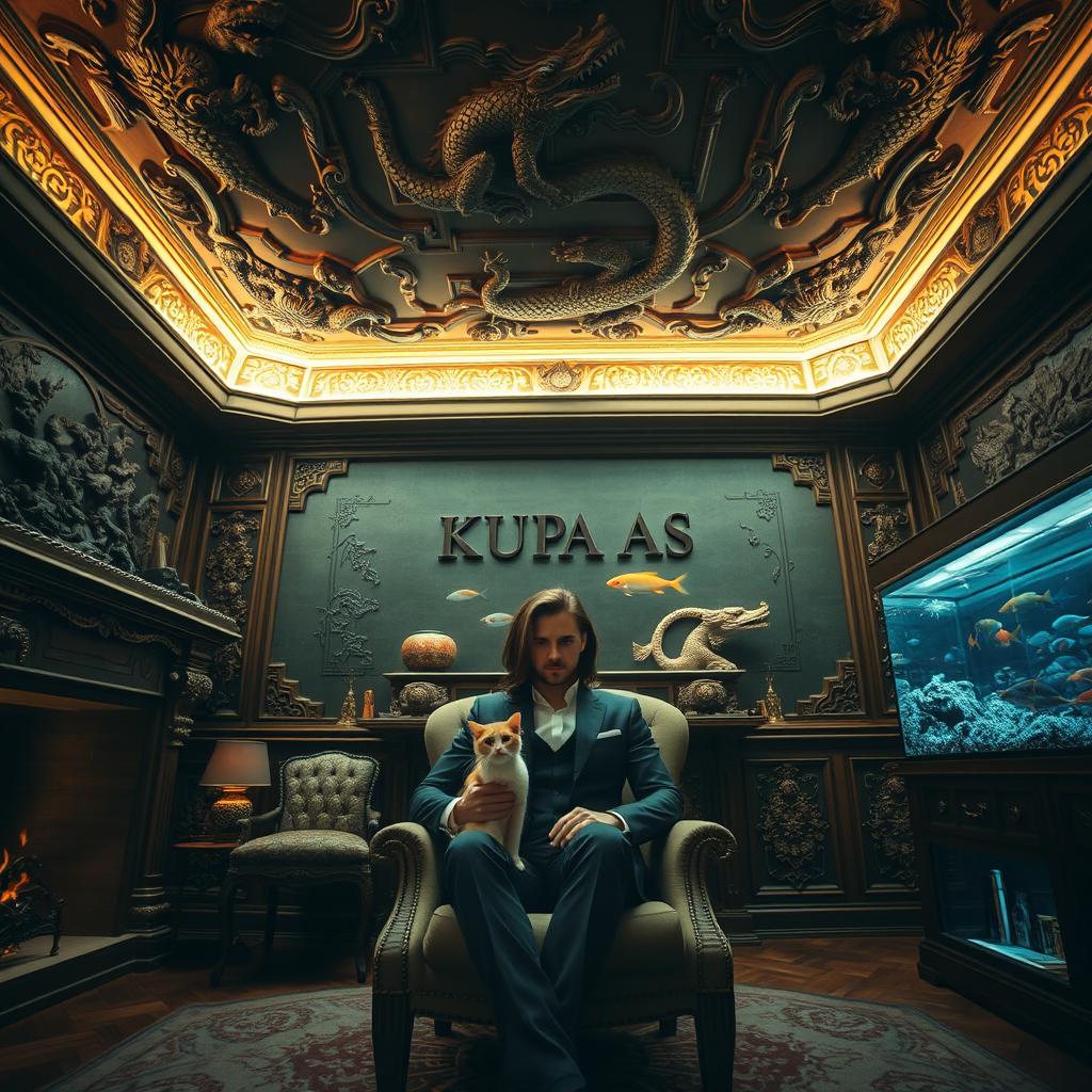 A dimly lit room with an ornate ceiling featuring dragon relief sculptures