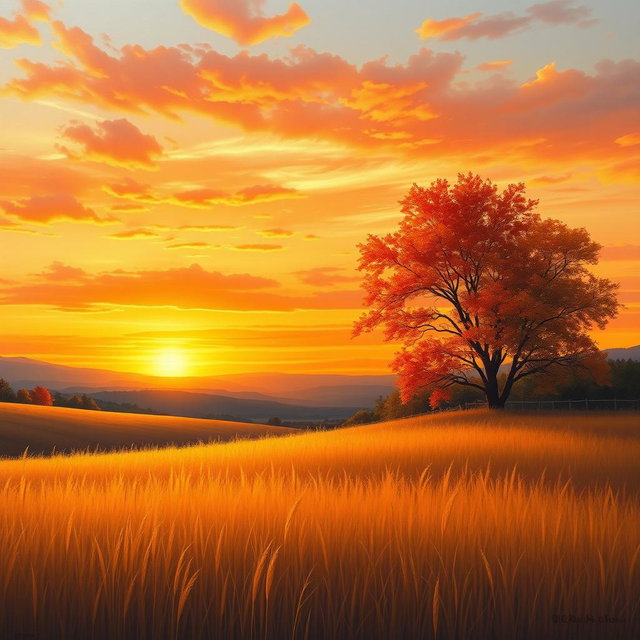 A realist depiction of an autumn sunset in the countryside, featuring vibrant orange, red, and yellow hues in the sky blending into soft clouds