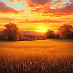 A realist depiction of an autumn sunset in the countryside, featuring vibrant orange, red, and yellow hues in the sky blending into soft clouds