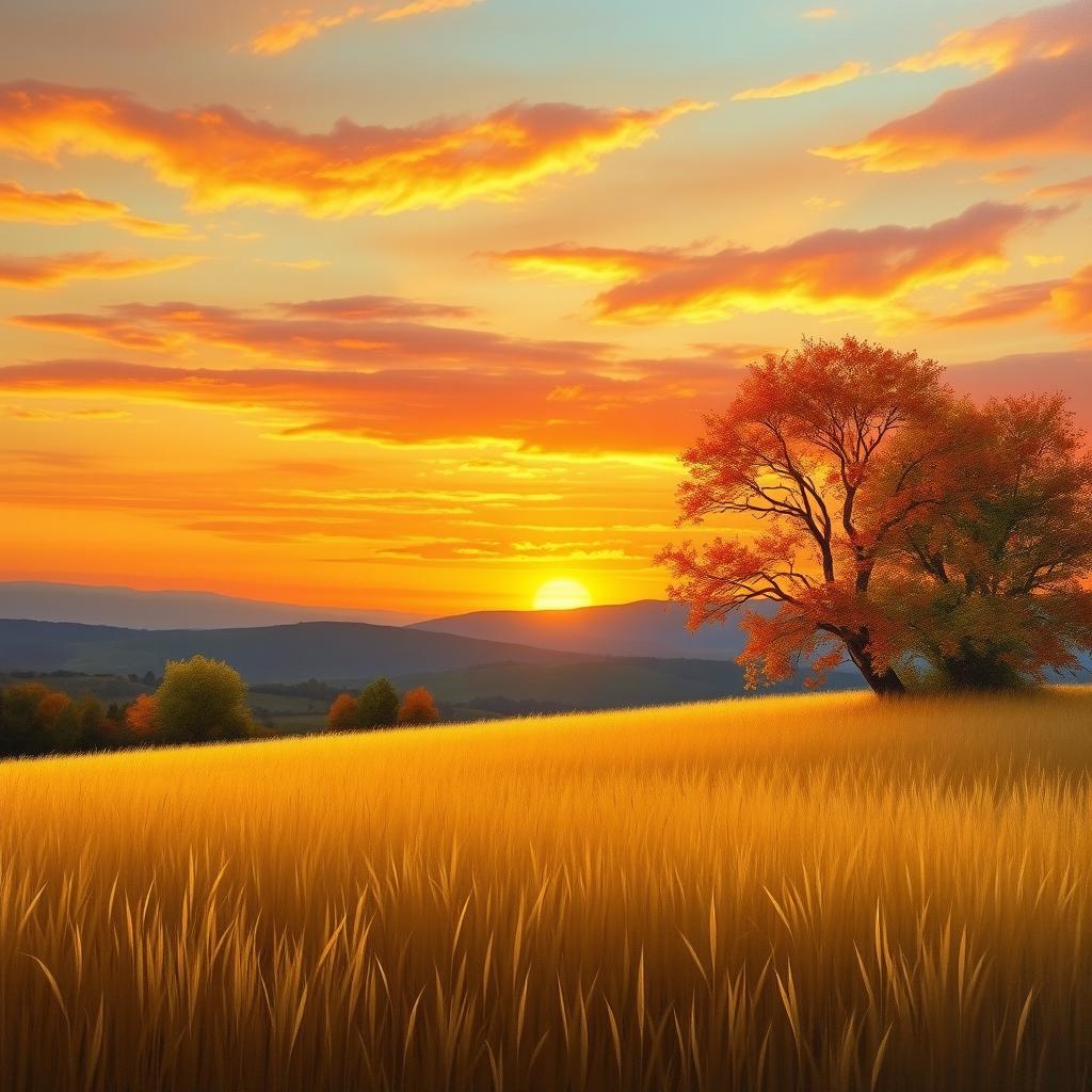 A realist depiction of an autumn sunset in the countryside, featuring vibrant orange, red, and yellow hues in the sky blending into soft clouds