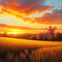 A realist depiction of an autumn sunset in the countryside, featuring vibrant orange, red, and yellow hues in the sky blending into soft clouds