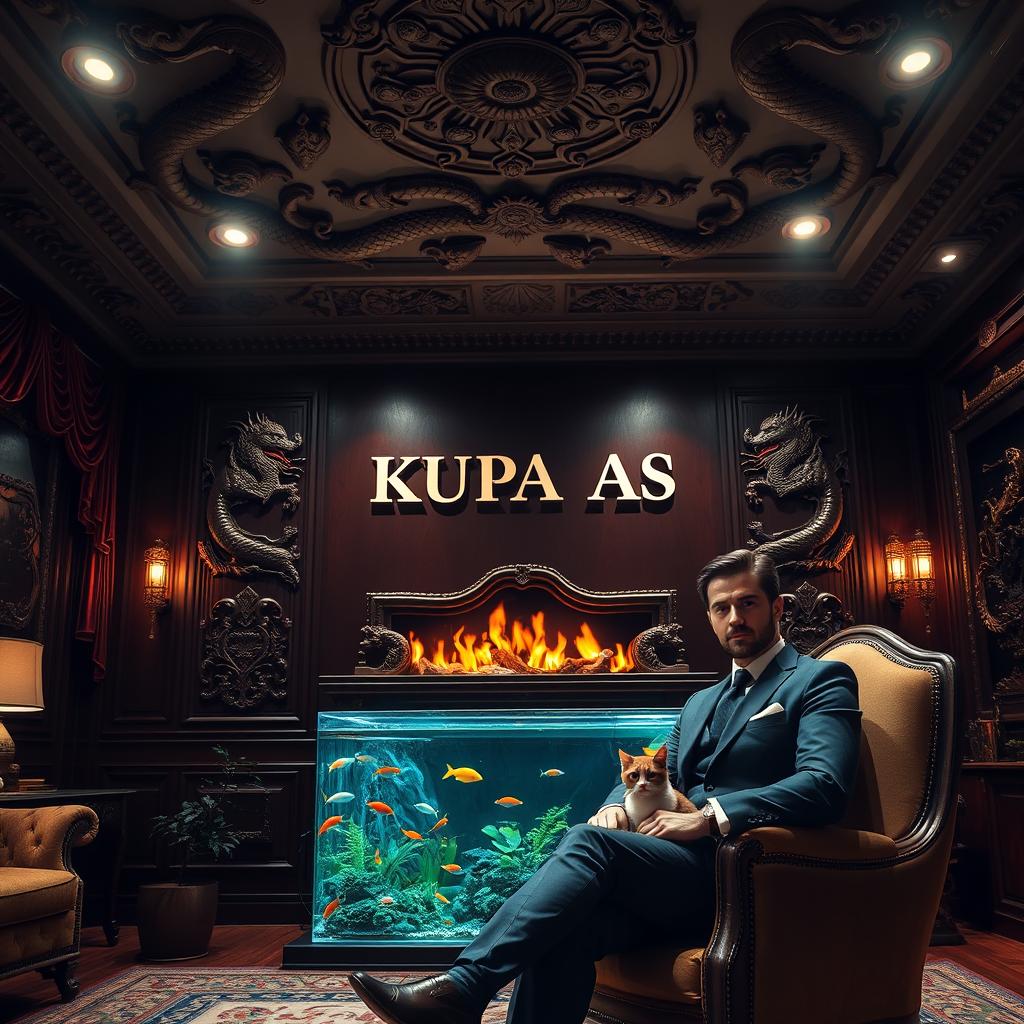 A dimly lit room with intricate dragon reliefs adorning the ceiling, beautifully crafted spotlights illuminating the space