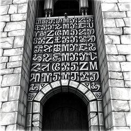 A striking black and white drawing featuring a multitude of Angerthas runes intricately carved into the weathered walls of a grand stone palace