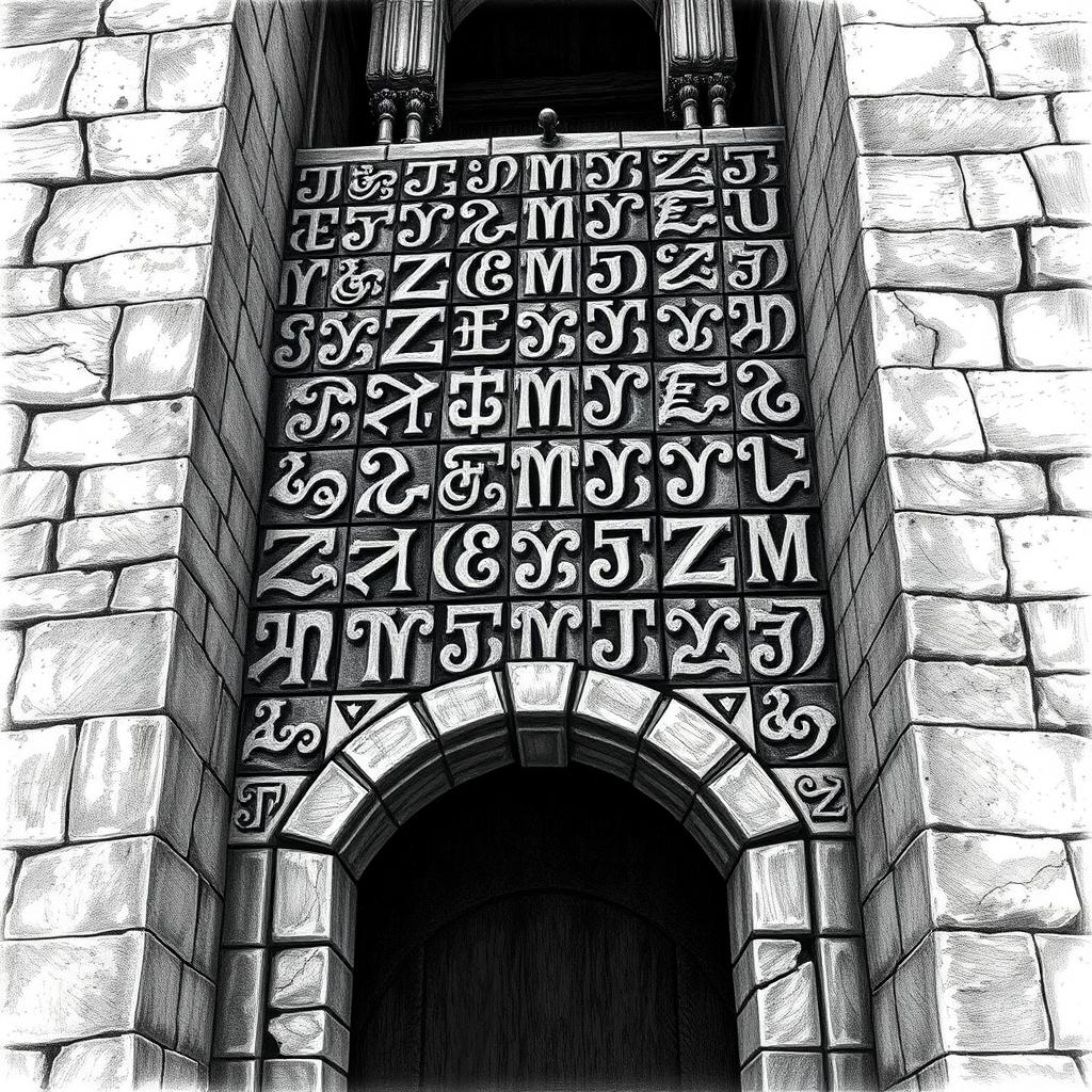 A striking black and white drawing featuring a multitude of Angerthas runes intricately carved into the weathered walls of a grand stone palace