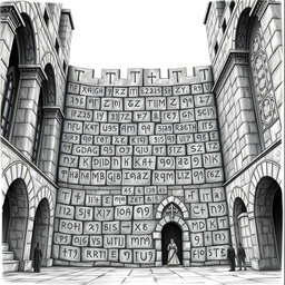 A striking black and white drawing featuring a multitude of Angerthas runes intricately carved into the weathered walls of a grand stone palace