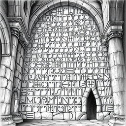 A striking black and white drawing featuring a multitude of Angerthas runes intricately carved into the weathered walls of a grand stone palace