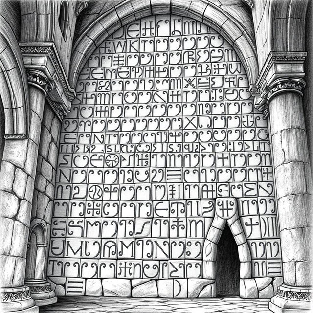 A striking black and white drawing featuring a multitude of Angerthas runes intricately carved into the weathered walls of a grand stone palace