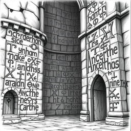 A striking black and white drawing featuring a multitude of Angerthas runes intricately carved into the weathered walls of a grand stone palace
