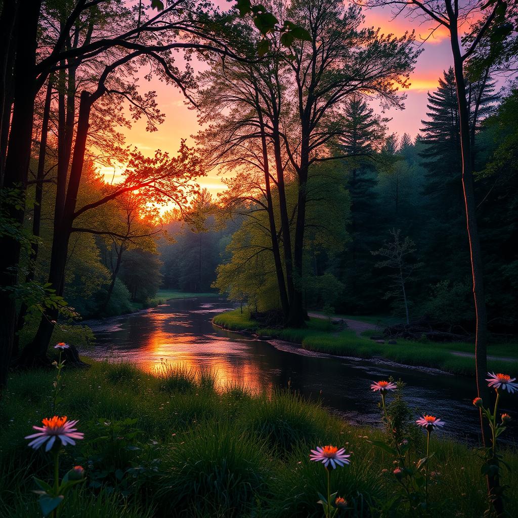 A breathtaking sunset in the dense forests of New York, with vibrant hues of orange, pink, and purple painting the sky