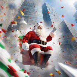 A dynamic image of Santa on his sleigh crashing through the window of a skyscraper, triggering a wild explosion of snow, colorful wrapped gifts, and scattering shards of glass.