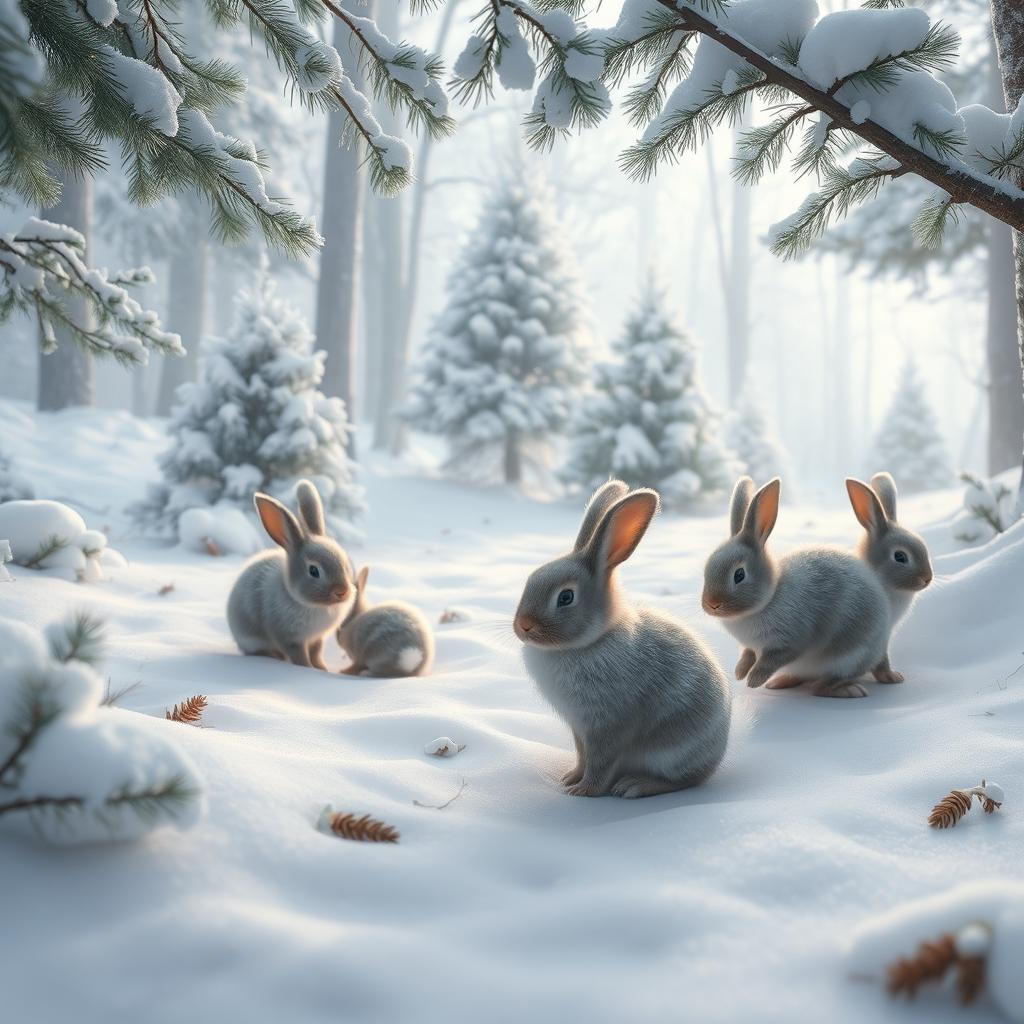 A serene and realistic winter forest scene featuring fluffy, adorable rabbits hopping around
