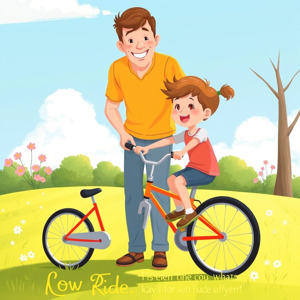 An illustration showing an adult teaching a child how to ride a bicycle, set in a sunny park