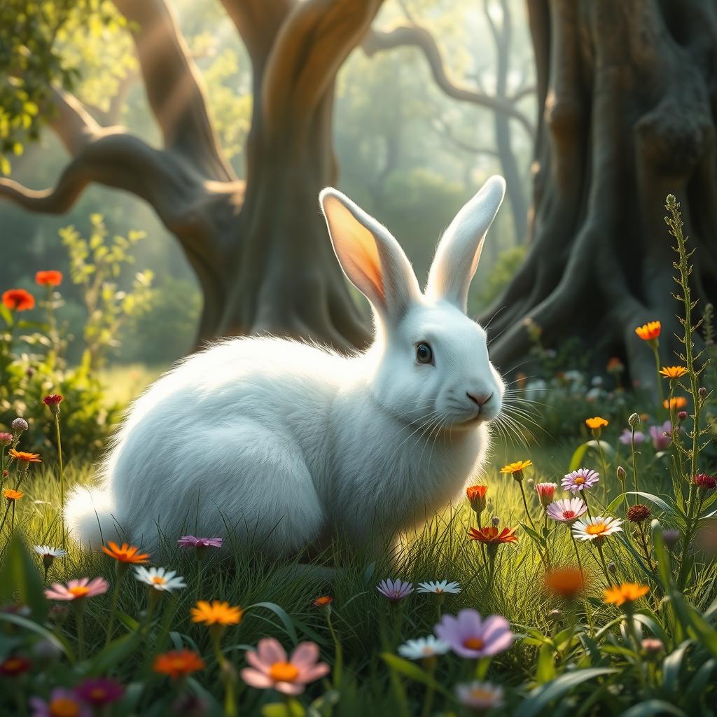 Whimsical White Rabbit in a Vibrant Forest