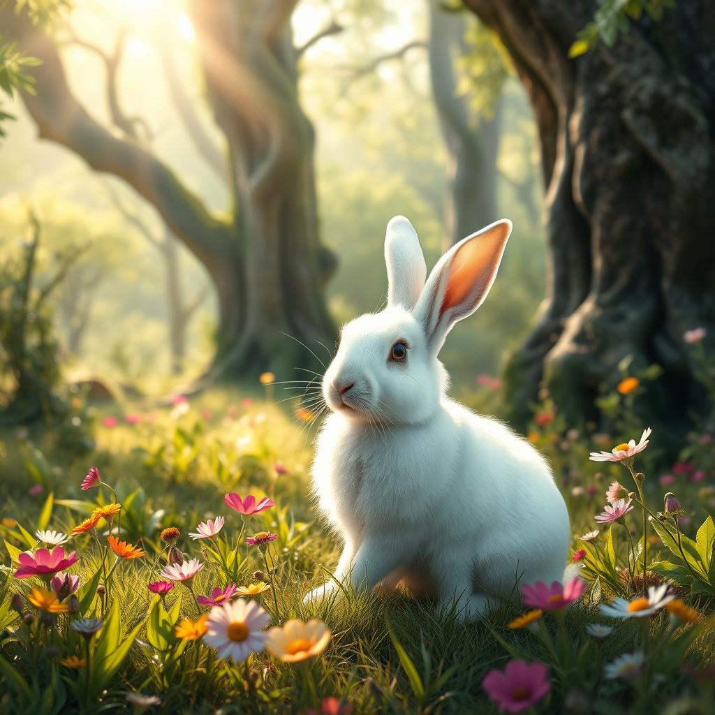 A realistic white rabbit in an idyllic forest setting, surrounded by lush greenery and vibrant wildflowers