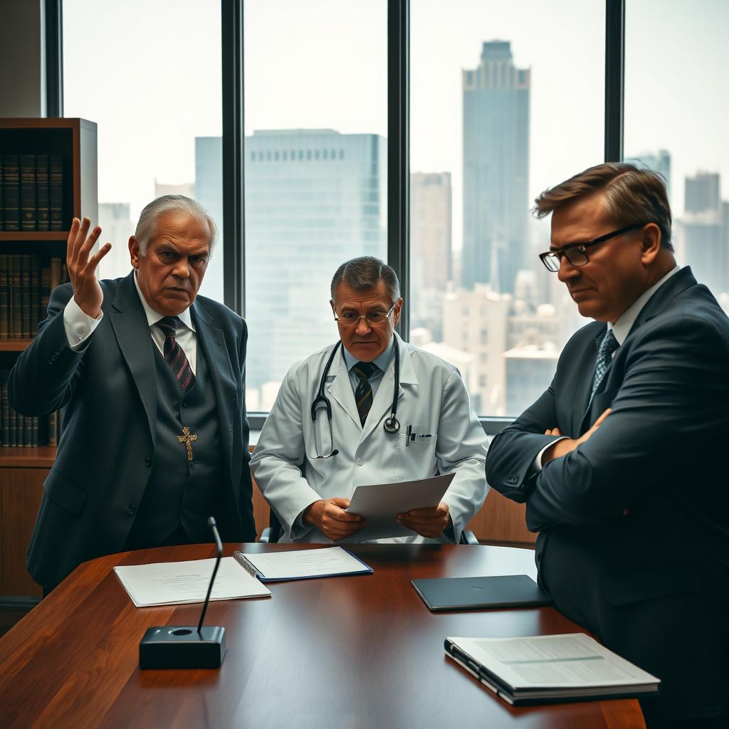 A dramatic scene featuring an angry minister, a frustrated doctor, and a stern lawyer gathered around a table in a well-lit office
