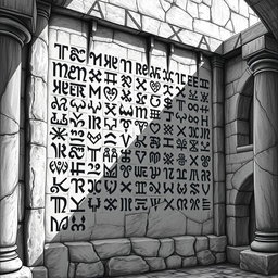 A black and white drawing depicting an impressive array of Angerthas runes skillfully carved into the wall of a grand stone palace