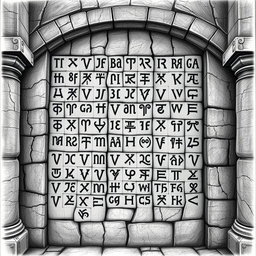 A black and white drawing depicting an impressive array of Angerthas runes skillfully carved into the wall of a grand stone palace