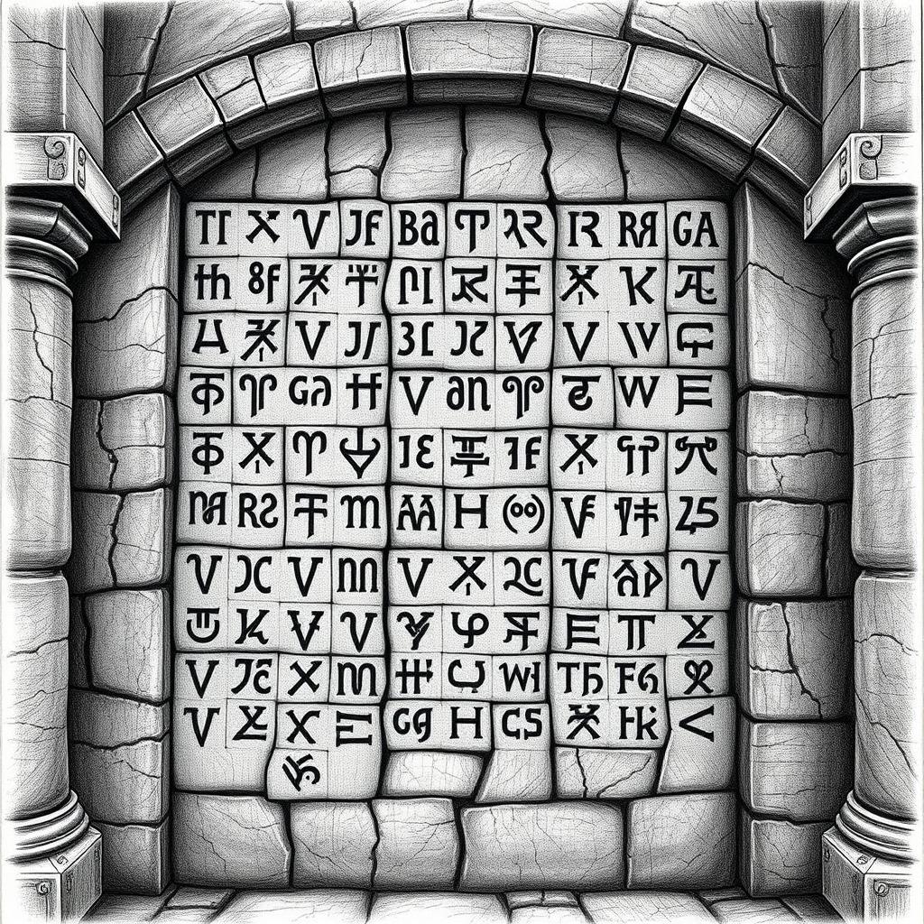 A black and white drawing depicting an impressive array of Angerthas runes skillfully carved into the wall of a grand stone palace