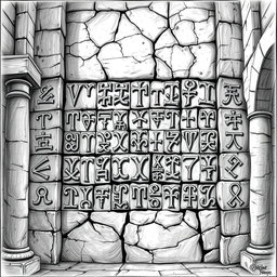 A black and white drawing depicting an impressive array of Angerthas runes skillfully carved into the wall of a grand stone palace