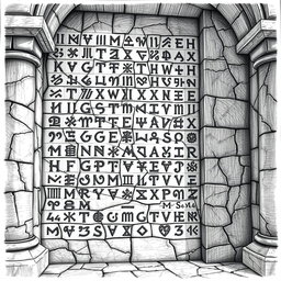 A black and white drawing depicting an impressive array of Angerthas runes skillfully carved into the wall of a grand stone palace