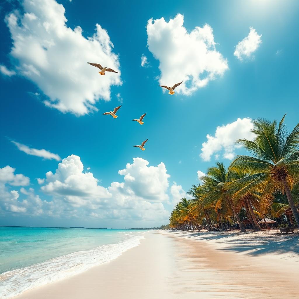A hyper-realistic photograph of a paradisiacal beach in Mexico, featuring crystal-clear turquoise waters gently lapping against pristine white sands